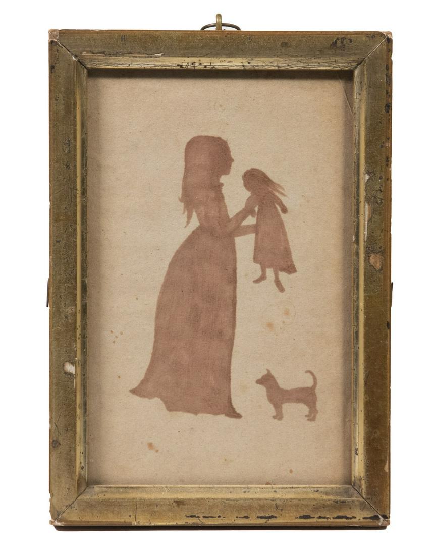 RARE SILHOUETTE OF GIRL WITH DOLL AND DOG, CIRCA 1820: New England Sepia Ink Silhouette, well painted of young girl, about 10 years, holding her doll up above what is clearly a Chihuahua dog, in the original lemon gold stick frame, glass and backing, OS: 