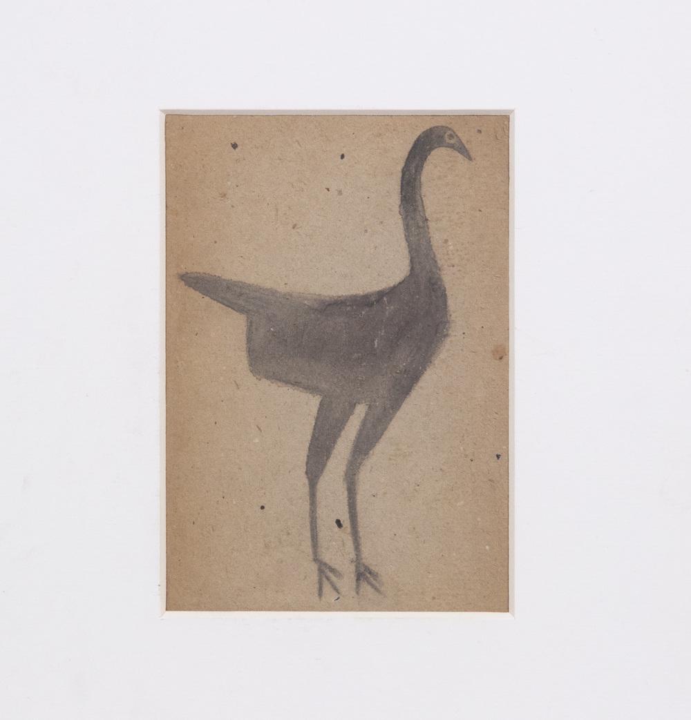 IN THE MANNER OF BILL TRAYLOR (AL, 1853-1949): "Bird", watercolor on carboard, unsigned (typical), in modern gold frame, matted, no glass, OS: 16 1/2" x 13 1/2", SS: 6 1/2" x 4 1/2", good condition.Born into slavery in Alabama, Bill Traylor became