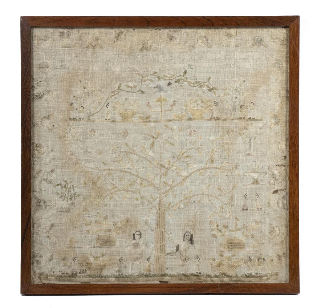 EARLY 19TH C. AMERICAN PICTORIAL SAMPLER (1 of 2)