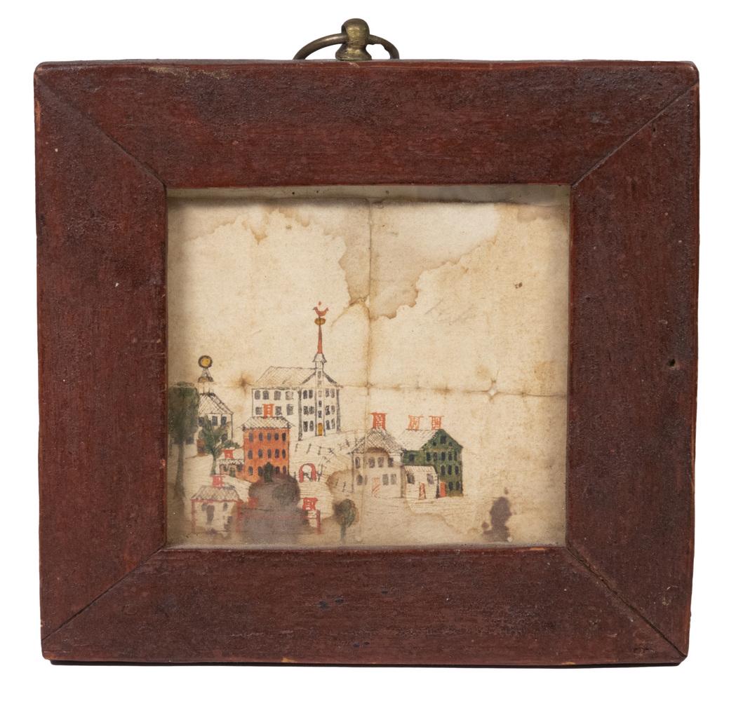 NAIVE MINIATURE WATERCOLOR OF A NEW ENGLAND VILLAGE (1 of 3)