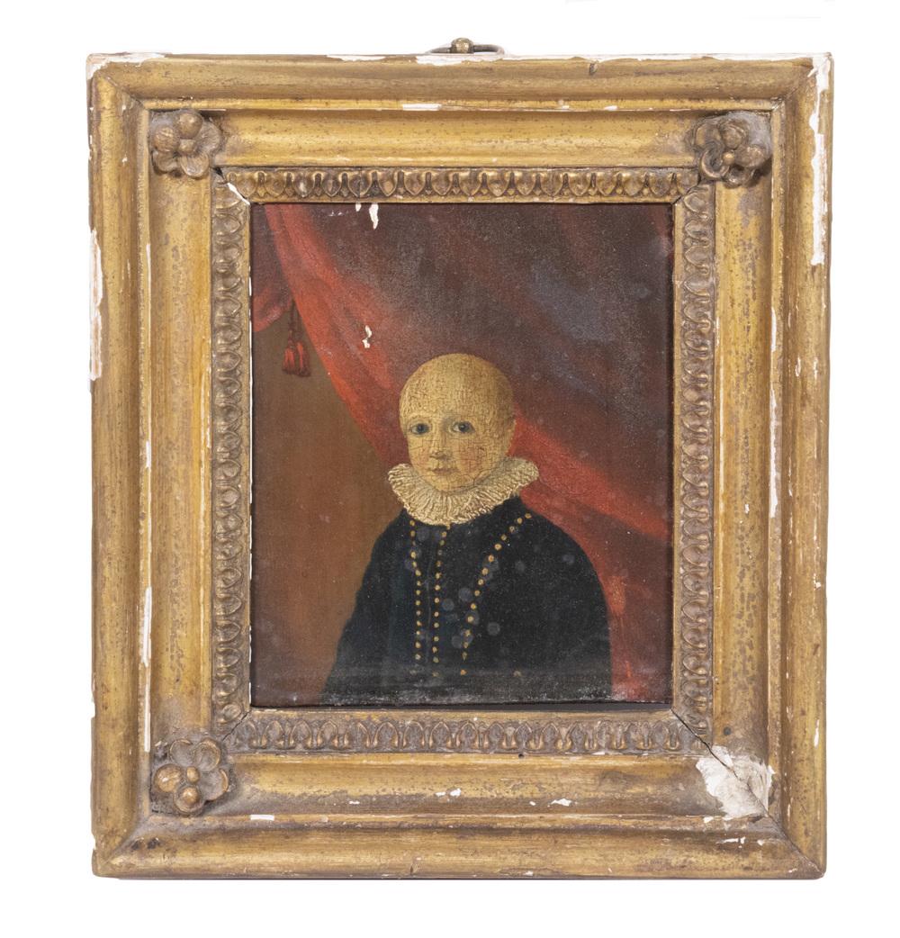 LATE 16TH C. ENGLISH PORTRAIT OF A BOY: Elizabethan Era Bust Portrait of a Blonde Boy in ruff collar, black tunic with three rows of small brass buttons, oil on oak panel, in later gold painted frame, the panel is 5 1/4" x 4 5/8" with rough