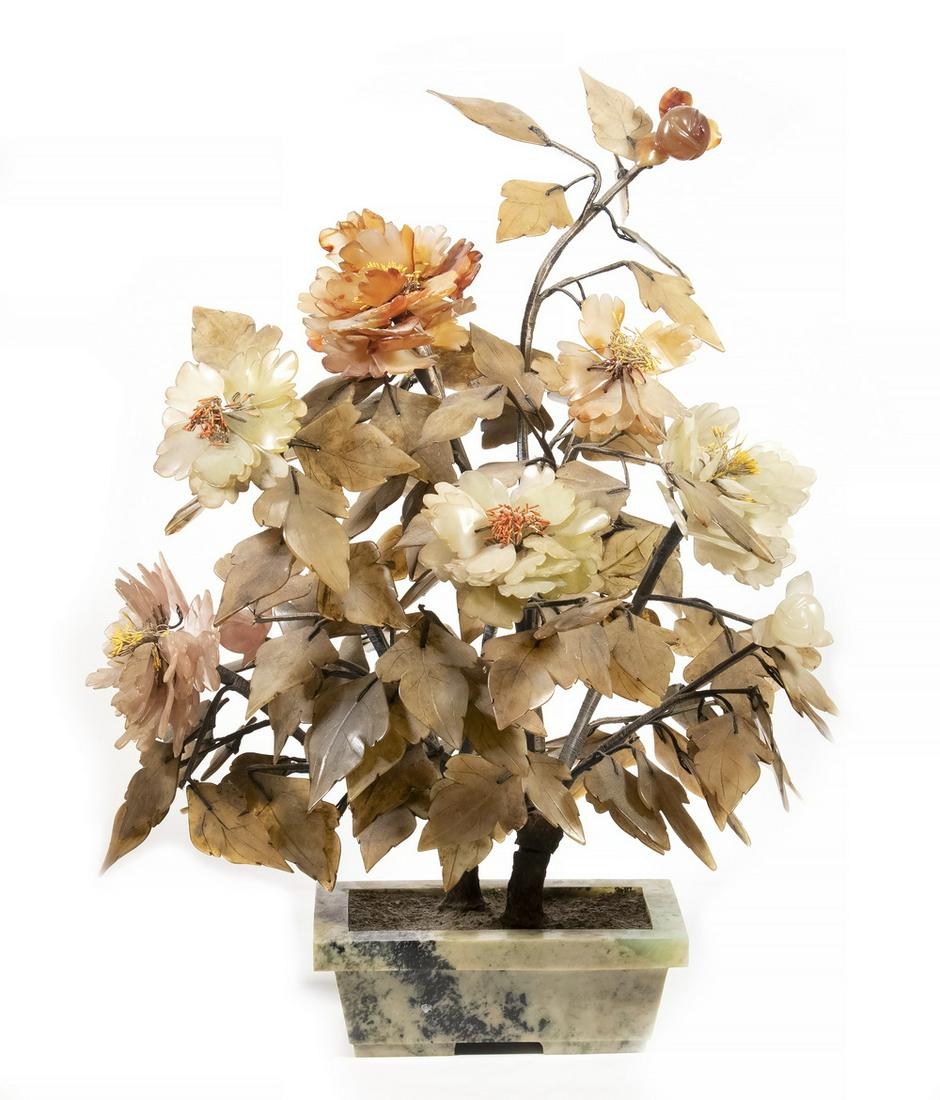 CHINESE QING LARGE JADE FLORAL BUSH IN A STONE POT (1 of 2)