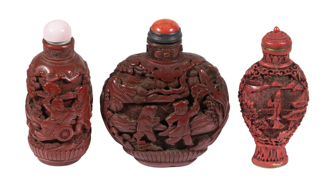 (3) 19TH C. CHINESE CINNABAR SNUFF BOTTLES (ONE OVER (1 of 4)