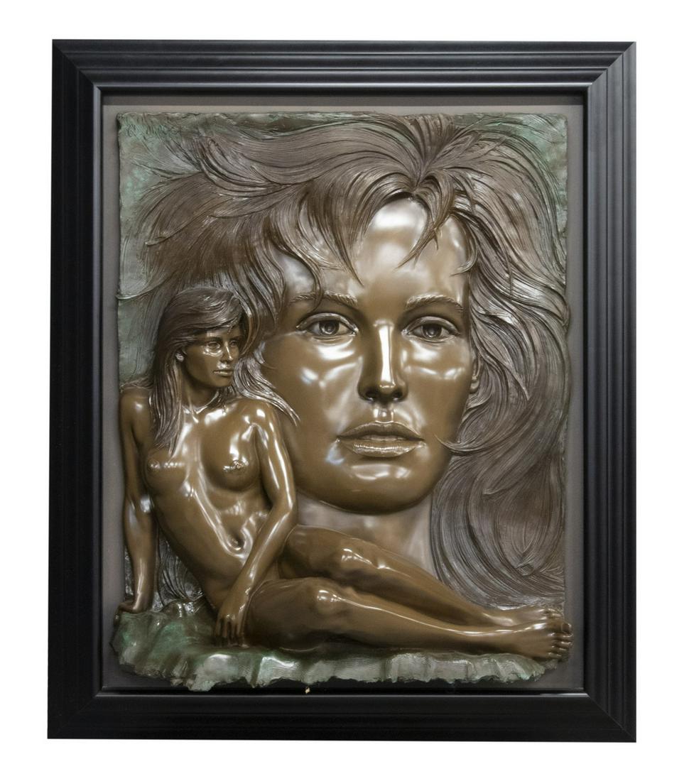 BILL MACK (MN, 1949 - ): Visions", alto-relief in resin bonded bronze, signed upper left and numbered 'XXII/XXV', depicting the face of a woman in deep relief behind a nearly full-round portrait of a reclining woman, with fau