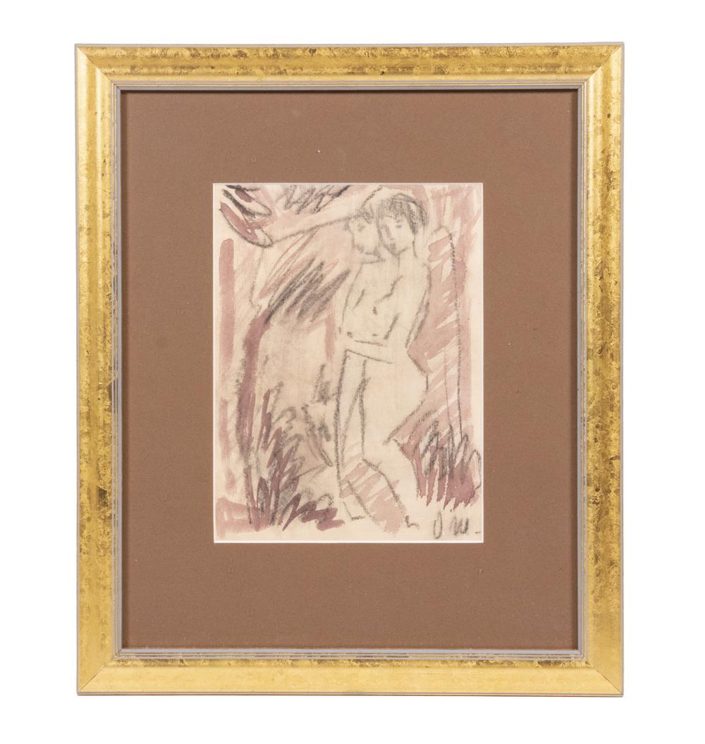 OTTO MUELLER (GERMANY/POLAND, 1874-1930): Nude Woman Reflected, red wash with charcoal on buff paper, circa 1920s, initialed lower right, cert verso from Richard Bierstorfer of Munich, in gold domed frame, matted and glazed, OS: 16 1/4" x 13