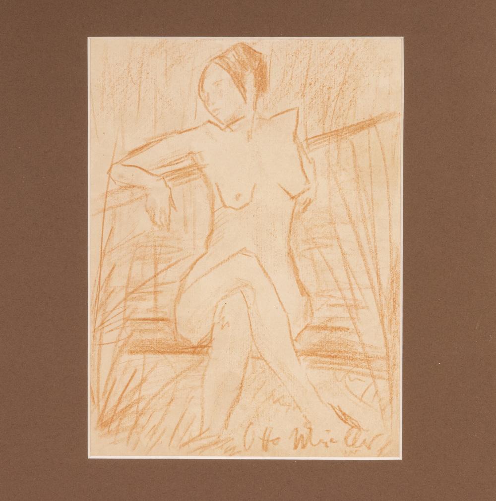 OTTO MUELLER (GERMANY/POLAND, 1874-1930): Nude Woman on Park Bench, circa 1920s red conte crayon on oaktag, signed lower right, in modern gold domed frame, brown mat, glazed, OS: 16" x 13 1/2", SS: 8 3/4" x 6 1/2", good condition.