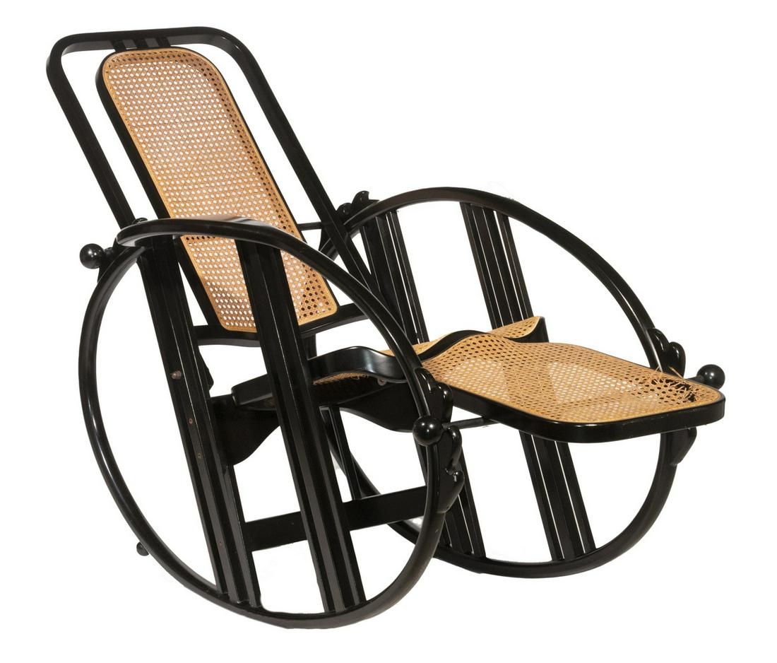 ANTONIO VOLPE "EGG SHAPED" RECLINING ROCKING CHAIR: Black Lacquered Bentwood Chaise Form Rocker, No. 267, mid to late 20th c., designed in 1922 and made by Italian maker Societa Anonima Antonio Volpe (Udine), with adjustable back and footrest, sheet ca