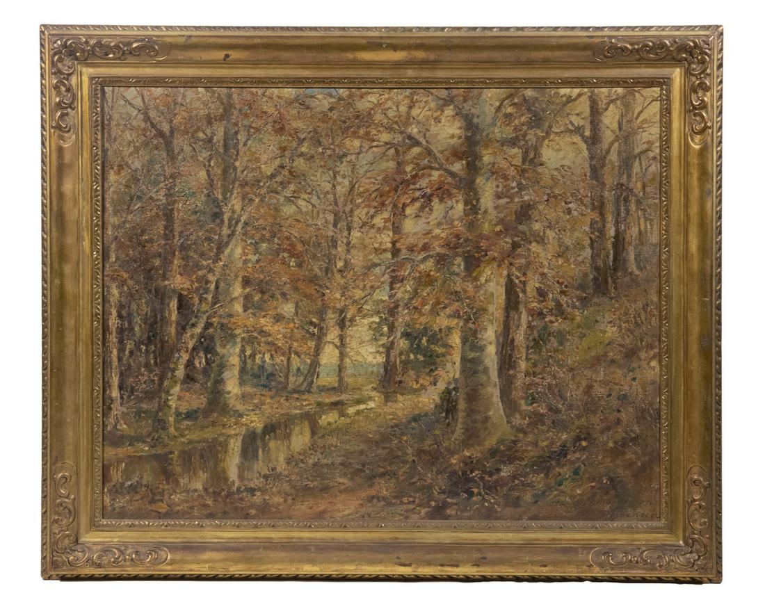 WILLIAM SAVERY BUCKLIN (NJ/CT, 1851-1928): "November Woods", oil on canvas, signed and titled lower right, in hand carved Dutch gold matched corner frame, OS: 33 1/2" x 41", SS: 26" x 33 1/2". Good condition.