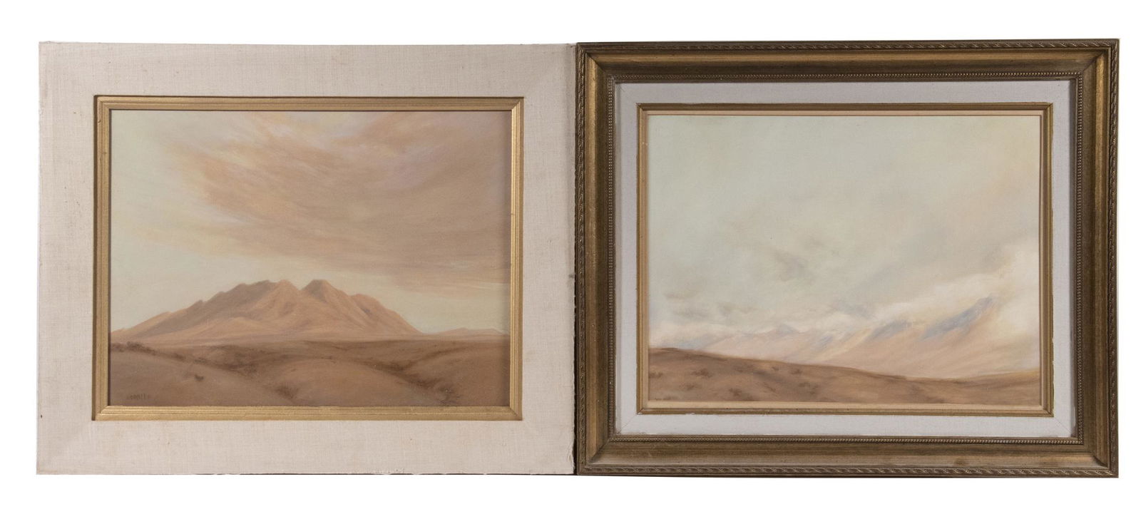 (2) SOUTHWESTERN LANDSCAPES SIGNED "CONALEE", CIRCA: Big Sky Studies of Mountains and Clouds, oil on masonite, both signed lower left, one in gold frame with linen liner, OS: 16 3/4" x 20 3/4", SS: 11 1/4" x 15 1/4"; the second in linen liner with gold