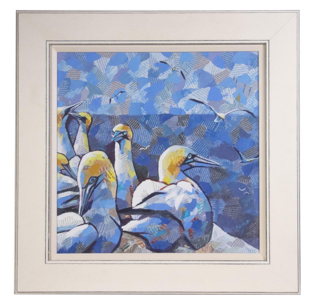 PAUL BARTLETT (CONTEMPORARY UK): "Sky, Sea and Rock", mixed media of collage with overpainting in gouache and ink on masonite, depicting a flock of gulls, signed and titled verso, dated 2009, in a cream painted panel frame with green