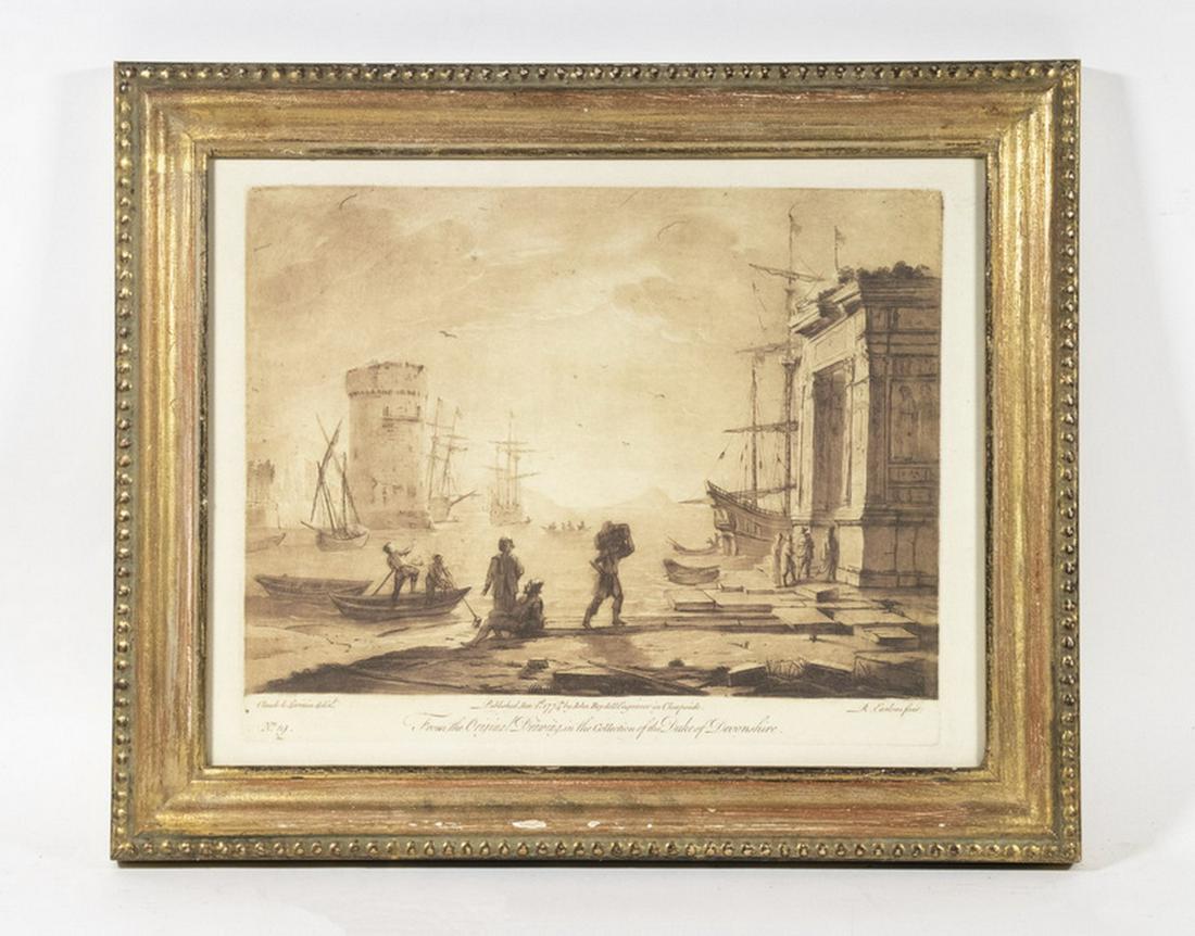 RICHARD EARLOM (UK, 1743-1822) AFTER CLAUDE LORRAIN (FRANCE/ITALY, 1600-1682): Sunrise in Harbor, sepia aquatint, published in 1774 by John Boydell, London. In gilt molded frame, glazed, OS: 15" x 18", SS: 11 1/2" x 14 1/2". Good condition. Tag verso from Trowbridge Gallery, Lon