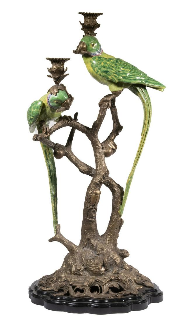 BRONZE & PORCELAIN PARROTS CANDELABRUM (1 of 2)