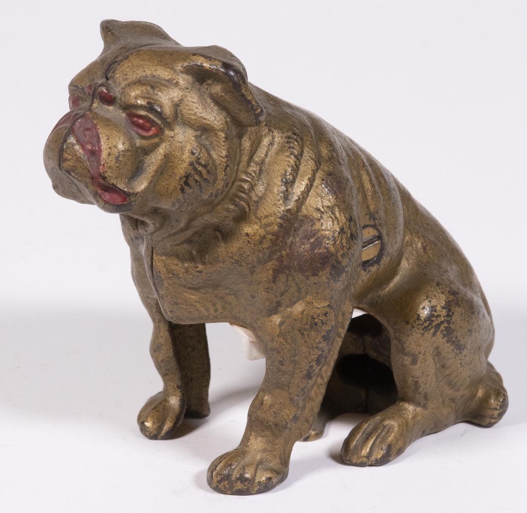 CAST IRON SEATED BULLDOG STILL BANK (1 of 2)
