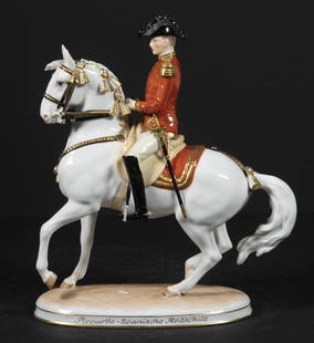 AUGARTEN PORCELAIN LIPIZZANER SPANISH RIDING SCHOOL FIGURE: Austrian Porcelain Figure of a Standing Lipizzaner Stallion and Rider by the Vienna Porcelain Manufactory Augarten, titled "Hofburg Wien", for the Hofburg ring at the Spanish Riding School in Vienna,