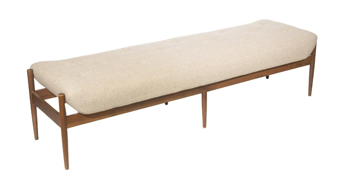DANISH MODERN 1970'S UPHOLSTERED TEAK BENCH (1 of 2)