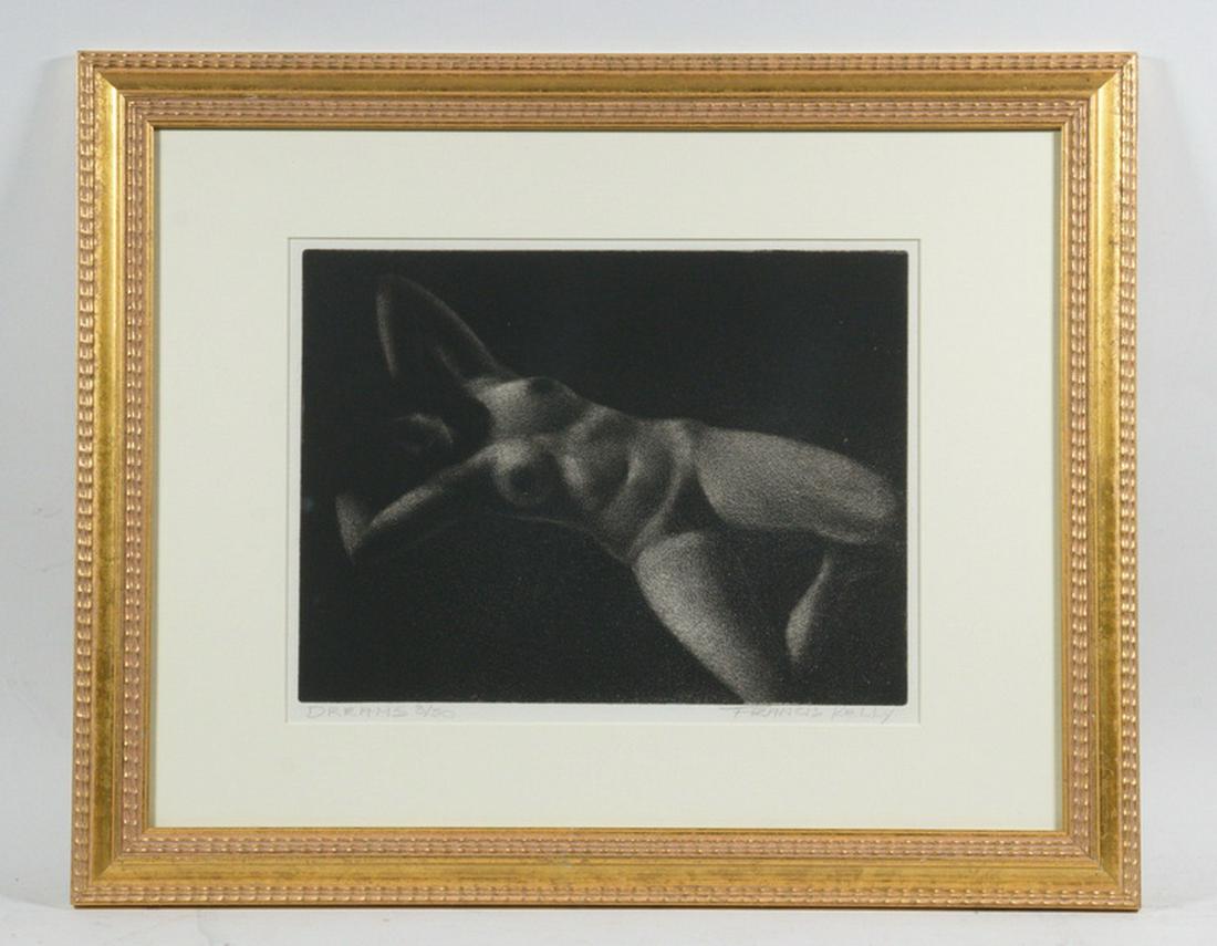 FRANCIS ROBERT KELLY, JR. (CA/MN/UK, 1927-2012): "Dreams", a study of a female nude, stipple etching, signed, titled and numbered 3/50, label verso from The Unicorn Gallery in England, housed in a modern gold frame, matted and glazed, OS: 16 1/2" x