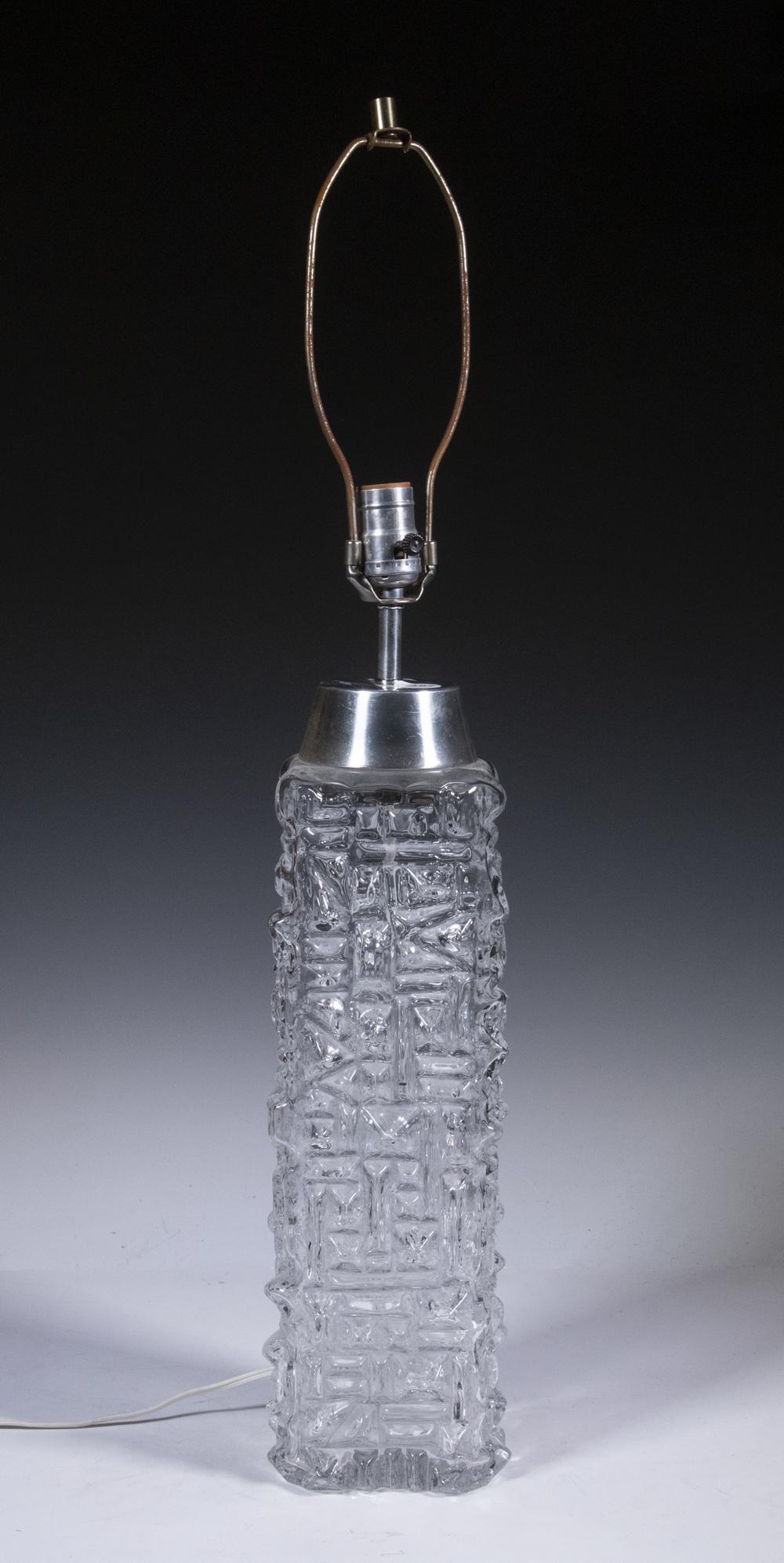 GLASS TABLE LAMP: Modernist Design Square Molded Glass Lamp, with chrome top, single socket fixture with harp and finial, 29 3/4" high. Harp surface rust.