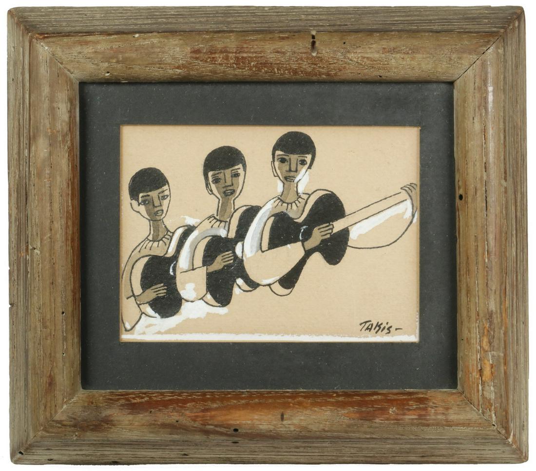 NICHOLAS TAKIS (NY, 1903-1964): Guitar Trio, mixed media drawing, signed 'Takis' lower right, in a molded wooden frame with charcoal mat, OS: 7" x 8", SS: 3 1/4" x 4 1/2". Minor toning.