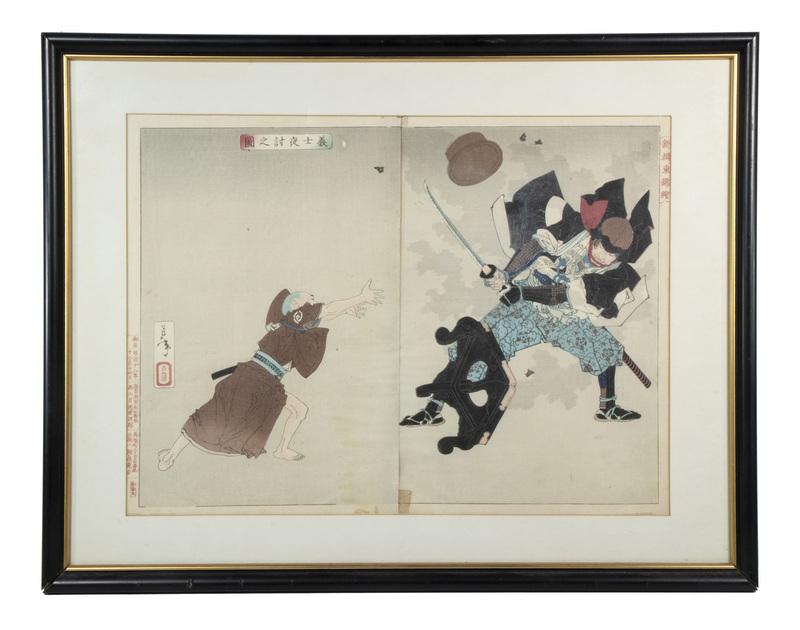 TSUKIOKA YOSHITOSHI (TAISO) (JAPAN, 1832-1892): "A Young Retainer of Lord Kira hurling a brazier at Kataoka Gengoemon during the night attack of the forty-seven Ronin" from "Shinsen azuma nishiki-e". (New selections of eastern brocade pictures). Si