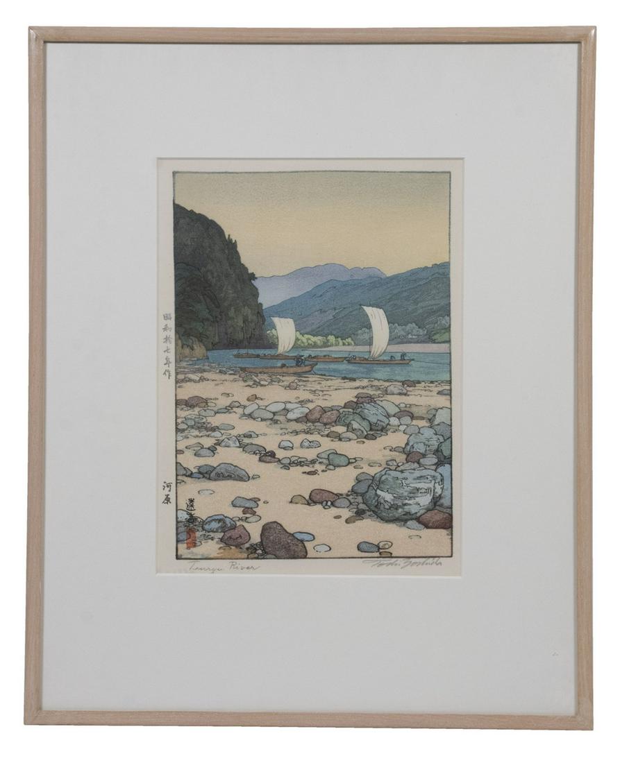 TOSHI YOSHIDA (1911-1995): "Kawara" (Tenryu River), sosaku-hanga woodblock print, chuban, pencil signed and titled, published by Yoshida studio, 1942, Kabutoya Galleries of Tokyo label verso, in bleached oak slat frame, matted