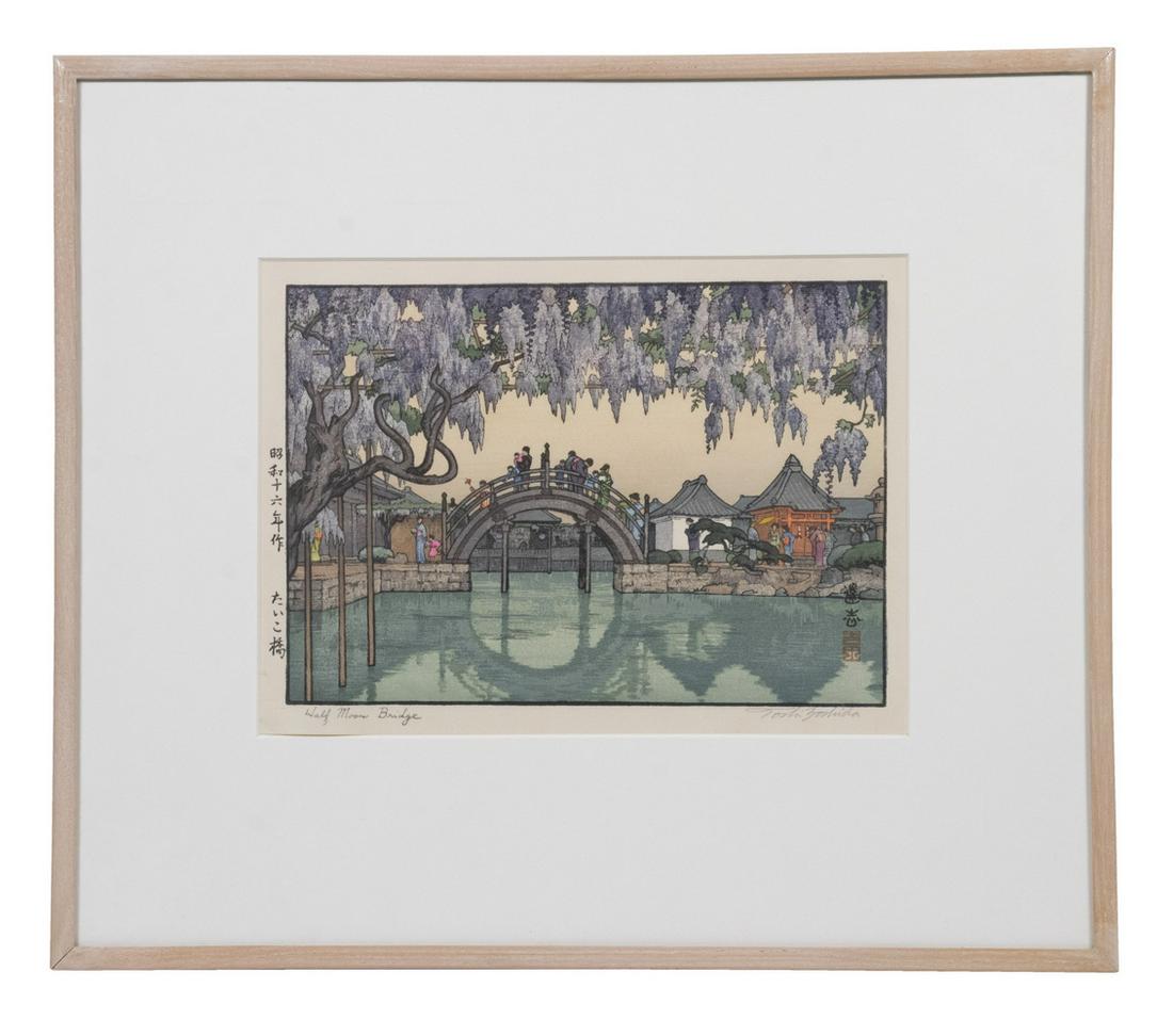 TOSHI YOSHIDA (1911-1995): "Taiko Bashi" (Half Moon Bridge), sosaku-hanga woodblock print, chuban, pencil signed and titled, published by Yoshida studio, 1941, Kabutoya Galleries of Tokyo label verso, in bleached oak slat frame