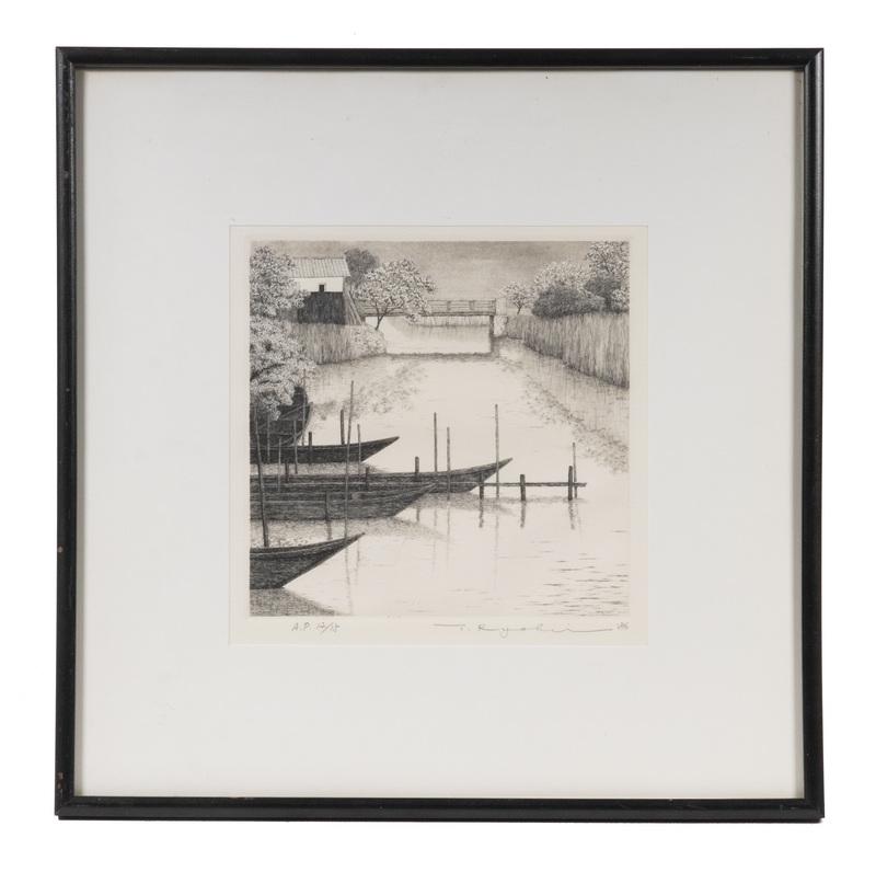 TANAKA RYOHEI (JAPAN, 1933-2019): Rural Canal with Boats and Bridge, etching on paper, pencil signed, dated '86, numbered A.P. 12/15, in black box frame, matted and glazed, OS: 14 1/2" square, impression: 7 1/4" square. Fine condition