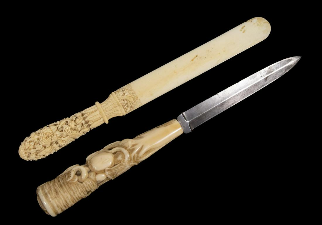 19TH C. JAPANESE DAGGER & CHINESE PAPER KNIFE: Carved Ivory: the Double-Edged Tanto Dagger with fine double-edged 4 3/4' blade, having an ivory handle carved with an octopus and fish in a grotto, unmarked, 10" long overall, no sheath; PLUS the Pap