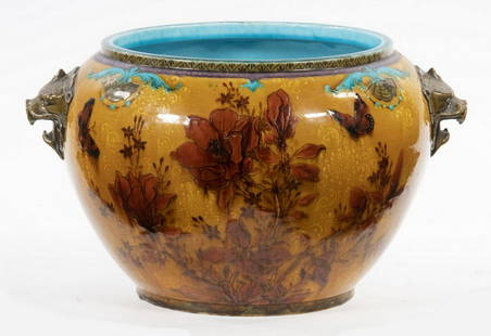 THEODORE DECK GLAZED EARTHENWARE CACHEPOT: Late 19th c. French Glazed Pottery Jardiniere, by Theodore Deck (France, 1823-1891), c. 1870, with foo lion mask form side handles, molded and enameled bird, flower and shell form decoration on a