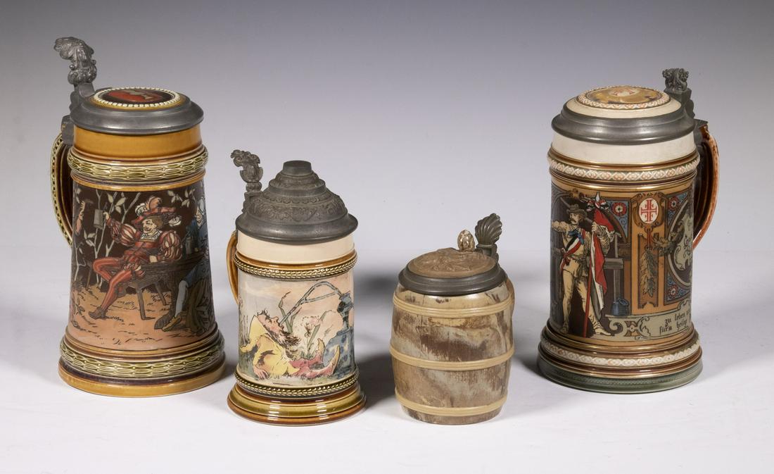 (4) METTLACH PEWTER MOUNTED POTTERY STEINS (1 of 5)