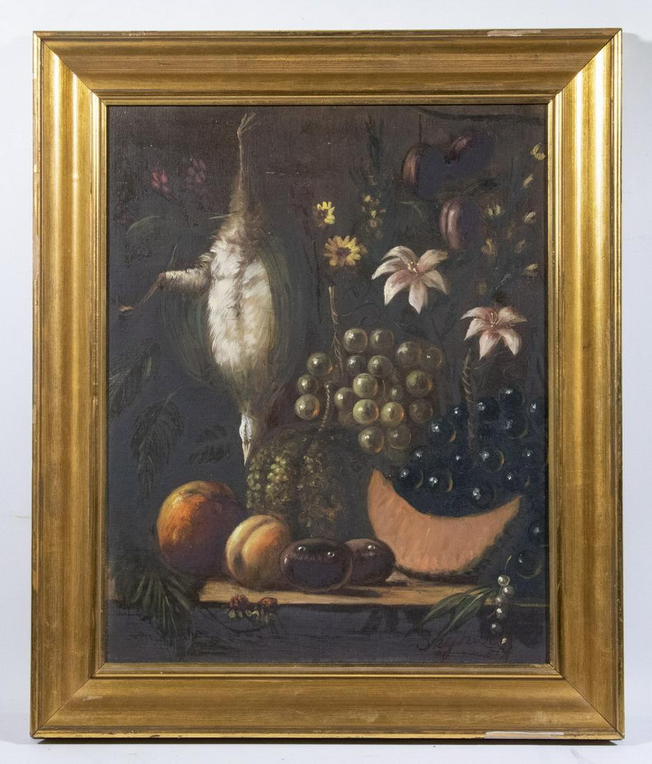 20TH C. DUTCH STYLE STILL LIFE PAINTING: Rich Still Life of Fruit, flowers and game fowl, oil on canvas, unsigned, in gilt molded ogee frame, OS: 24 1/2" x 20 1/2", SS: 19 1/2" x 15 1/2". Good condition.