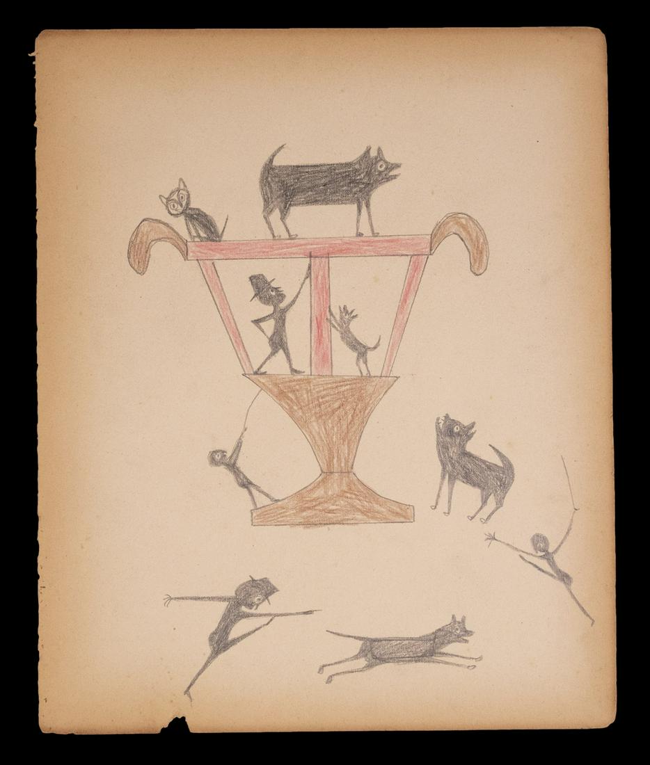 BILL TRAYLOR (AL, 1854-1947): Men, Cats and Dogs with Trophy, colored pencil on oaktag, unsigned, unframed, loose, 11 1/2" x 9 1/2", edge toned, chipped bottom edge, would mat out.One of the last pieces from the original collectio
