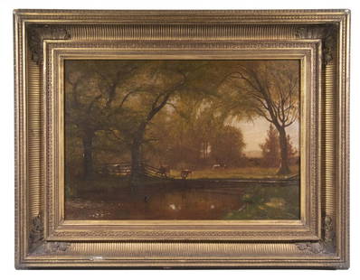 THOMAS WORTHINGTON WHITTREDGE (NJ/OH, 1820-1910): Hudson River Woodland Pastoral Scene, cows in glade behind decrepit fence. pond in foreground holding a crane, oil on canvas, signed lower right, in the original deep ribbed cove matched corner gilt g