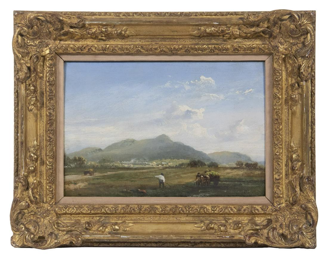 ATTRIBUTED TO JOHN CONSTABLE (UK, 1776-1837): Pastoral Landscape of Men Haying with Distant Mill Town", oil on mahogany panel, housed in a matched corner ornate gilt frame, unsigned, pencil notation of Constable's Name & Drown (Galleries), Bond S