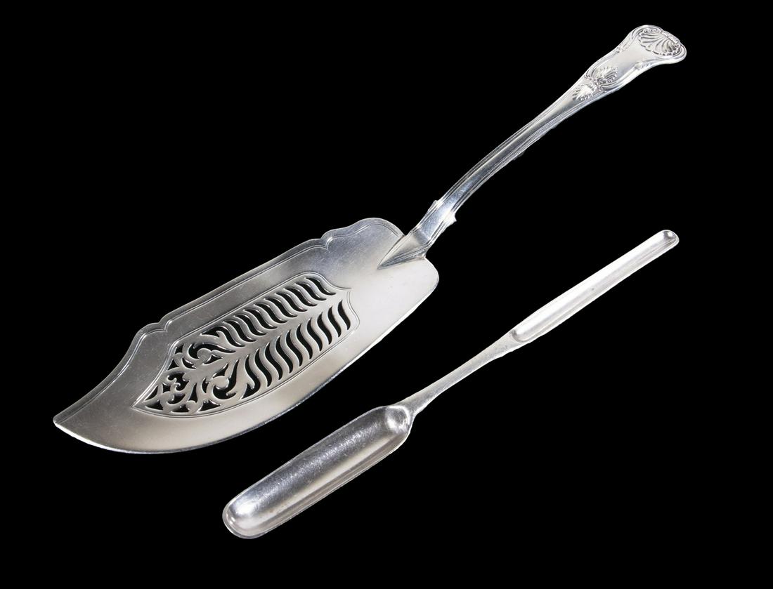 (2) ENGLISH STERLING SILVER UTENSILS: Including: William IV period fish slice by John William Blake, London 1825, with fancy openwork blade, shell design pattern handle, 12 1/8" long; and George I period marrow spoon, hallmarked for Londo