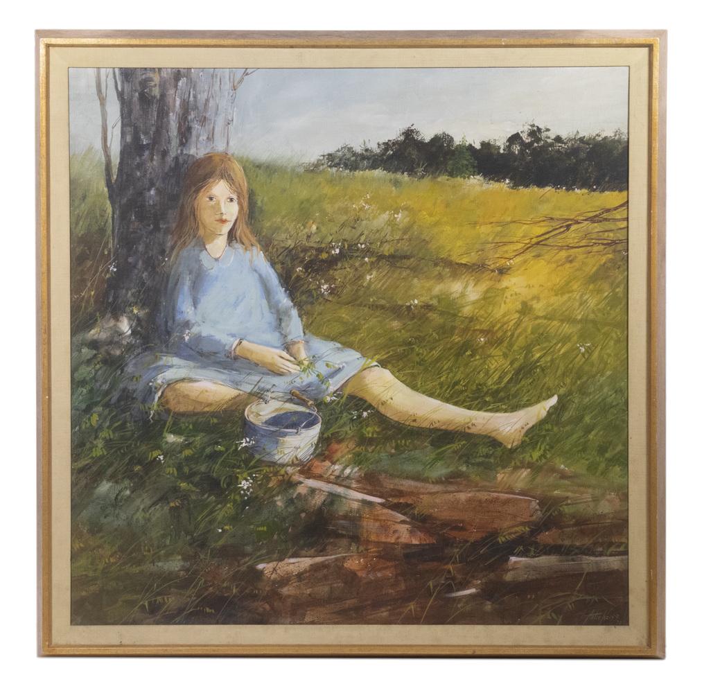 ANTON WEISS (TN/AR/AUSTRIA/YUGOSLAVIA (1939 - 2019 ): "Summertime", oil on linen, signed lower right and dated 1970, titled on label verso from WT Burger & Co. Depicts a girl in a blue dress seated against a tree in a field of flowers, a pail in the fore