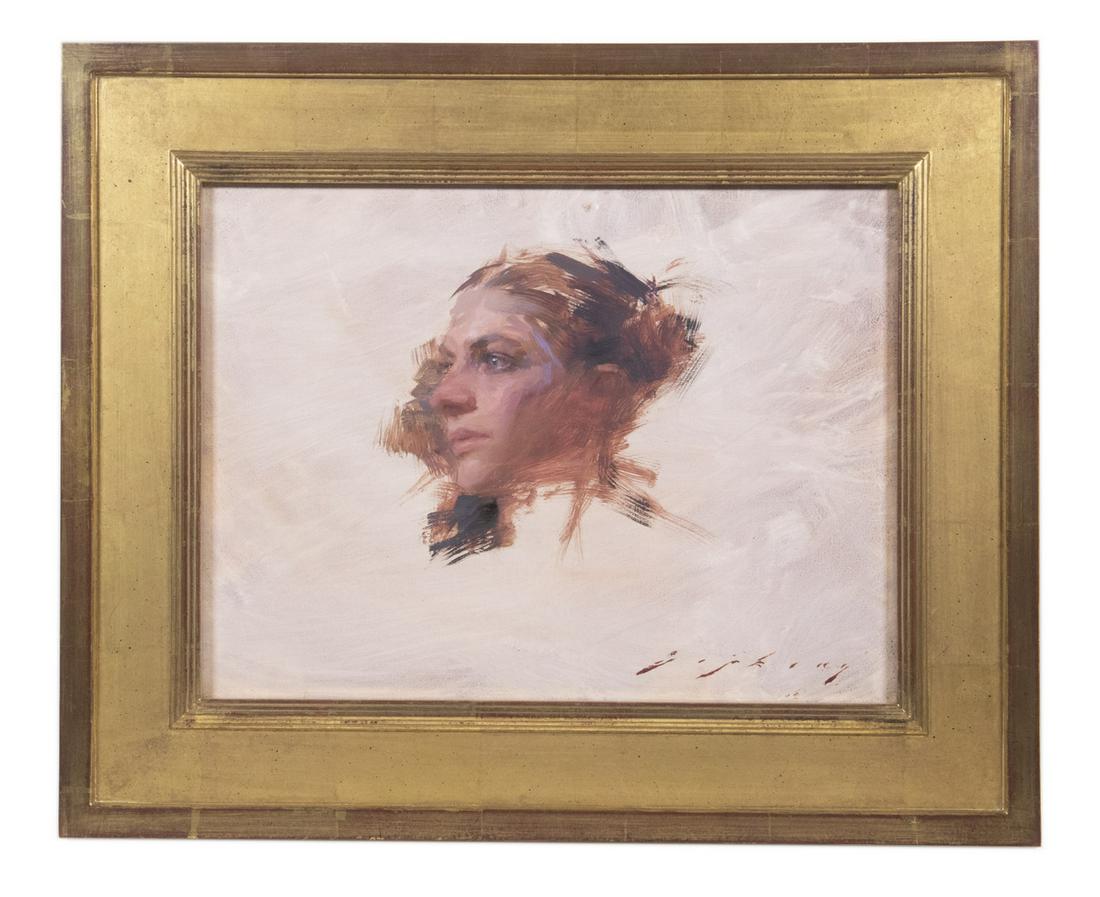 JEREMY LIPKING (CA, 1975 - ): Study of a Red Headed Woman, oil on board, signed lower right, housed in a water gilt Arts & Crafts style frame by Guido, OS: 17 3/4" x 21 3/4", SS: 11 1/2" x 15 1/2", fine condition. Provenance: From