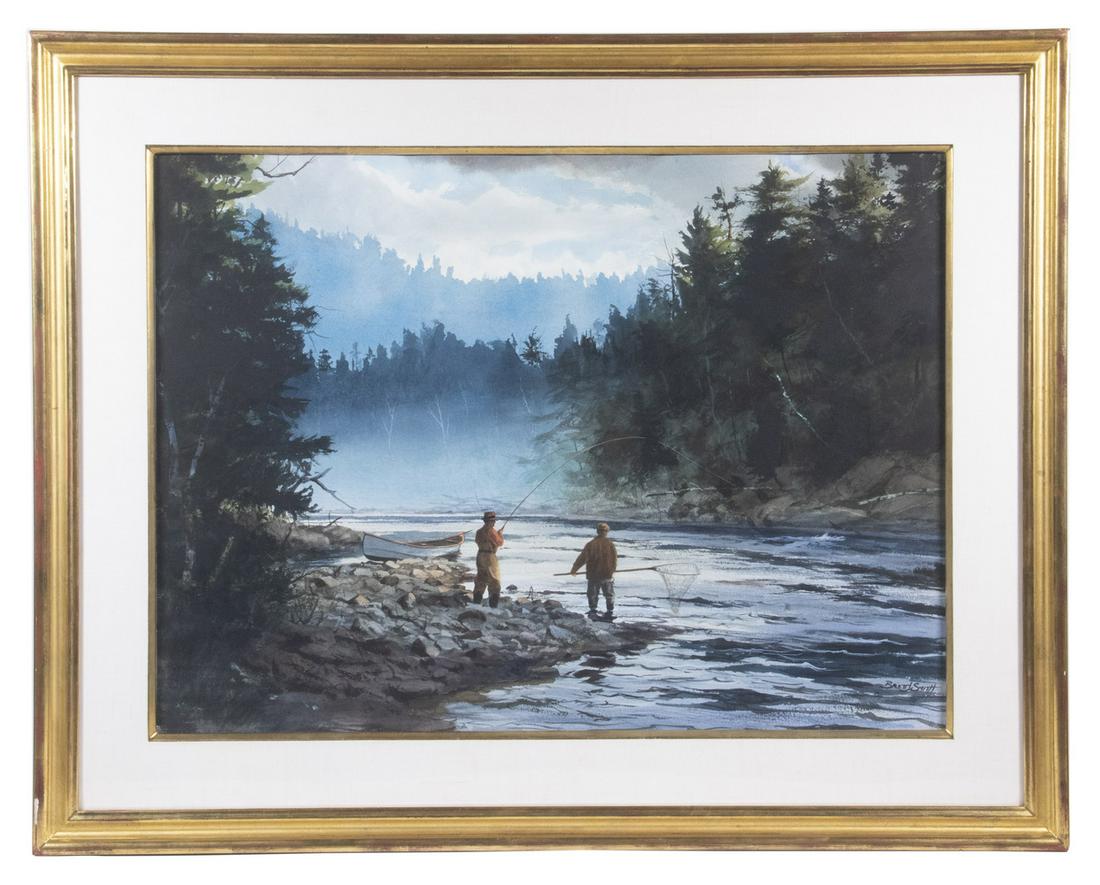 BRETT JAMES SMITH (LA/MT, 1958 - ): "The Last Run", watercolor on paper, signed lower right, titled on label verso, two men fly fishing a stream, in gilt cove frame, linen mat with gilt lip, under plexiglas, OS: 29 1/2" x 37 1/2", SS: 2