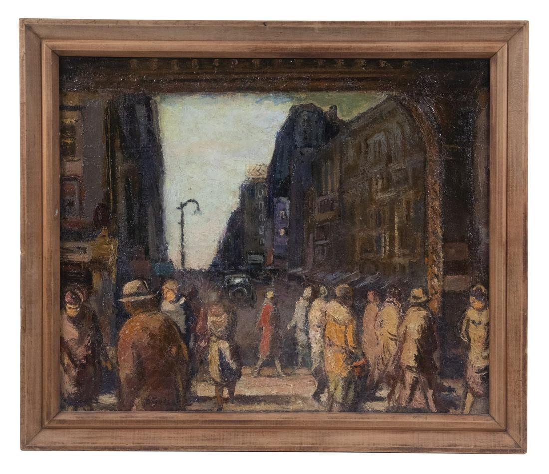 BERNARD GUSSOW (NY/NJ/RUSSIA, 1881-1957): "Late Afternoon, Columbus Avenue, New York", impasto oil on canvas, signed lower left, signed verso (under relining, shown in photo), and titled verso on stretcher, in maple mitered cove frame, OS: 23
