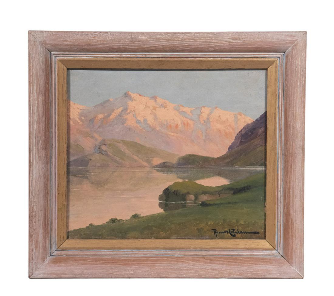 BENITO RAMOS CATALAN (CA/CHILE, 1888 - 1961): "Lago del Sur" (Chile), oil on canvas, signed lower right, titled verso, in bleached oak frame, OS: 15" x 17", SS: 10 1/2" x 12 1/2", light horizontal crazing, stretcher impression.