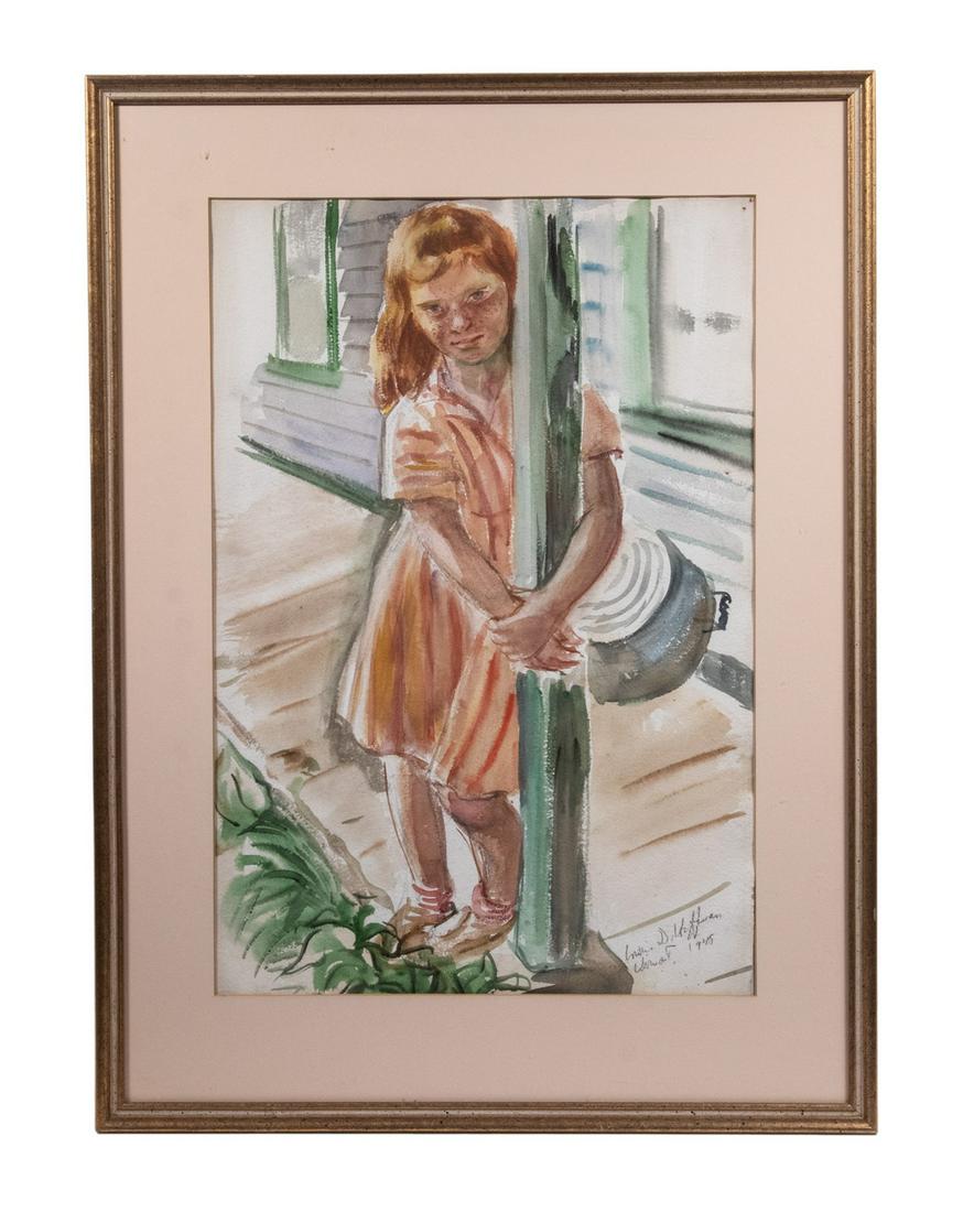 IRWIN D. HOFFMAN (NY/MA, 1901-1989): Red-Haired and Freckled Girl Hugging a Porch Post, sizing up the viewer, watercolor on paper, signed lower right, marked 'Vermont' and dated 1945, the last year of the war, housed in a gold and cream