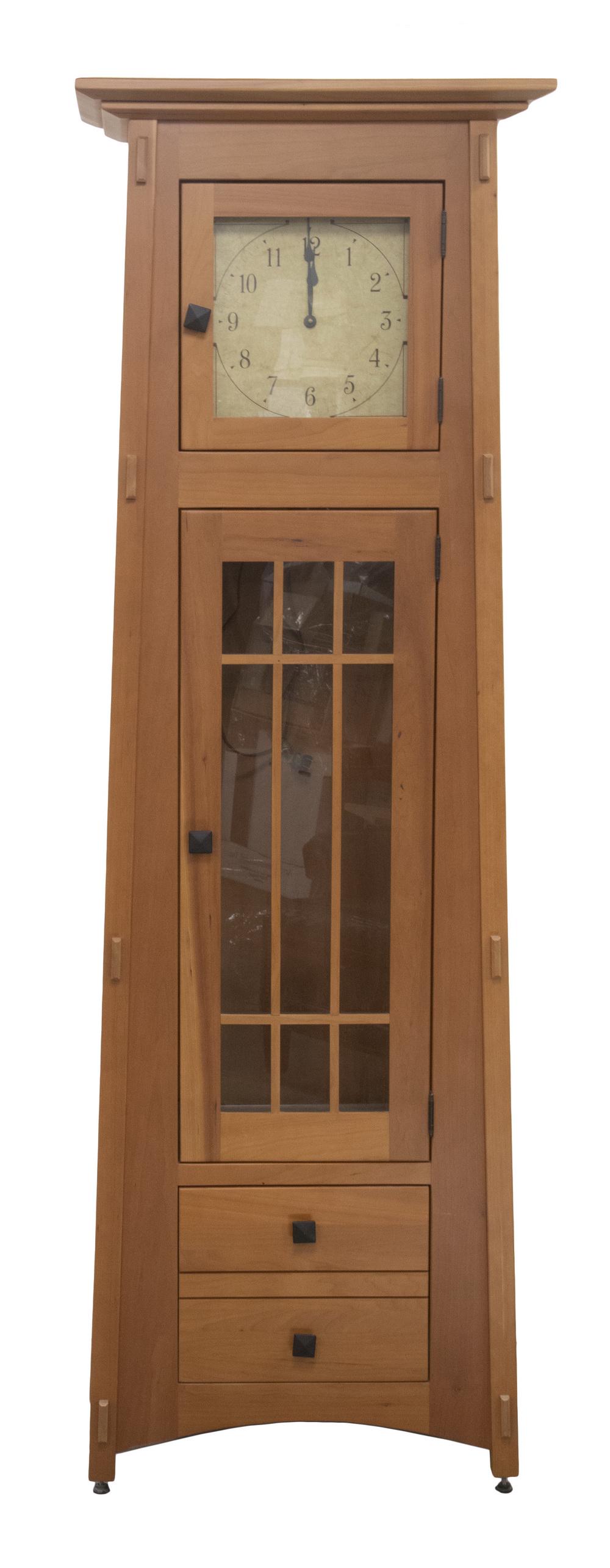 MISSION STYLE TALL CASE CLOCK CABINET: Custom Maple Clock Case and Display Cabinet, by Dutchcrafters Amish Furniture; fronted with two glazed doors - top with clock face (battery operated) and open storage behind, lower door enclosing a li