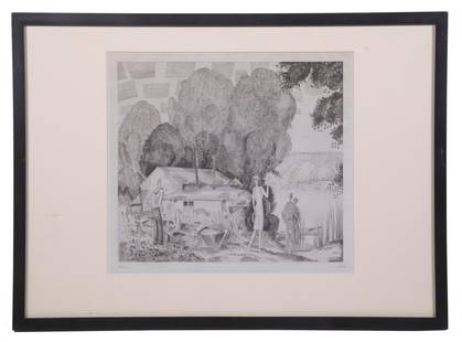 JEAN EMILE LABOUREUR (FRANCE, 1877-1943): A Day at the Lake, zinc etching on pale green paper, Art Deco, monogrammed lower left and dated '25 in plate, pencil signed and numbered 51/704, in black stick frame matted under UV glass, OS: 13 1/4"