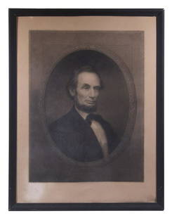 WILLIAM EDGAR MARSHALL (NY, 1837-1906): This engraving featuring a head and shoulders portrait of President Abraham Lincoln was done from the original painting by William E. Marshall in 1865. The print shows Lincoln in a black coat and bow