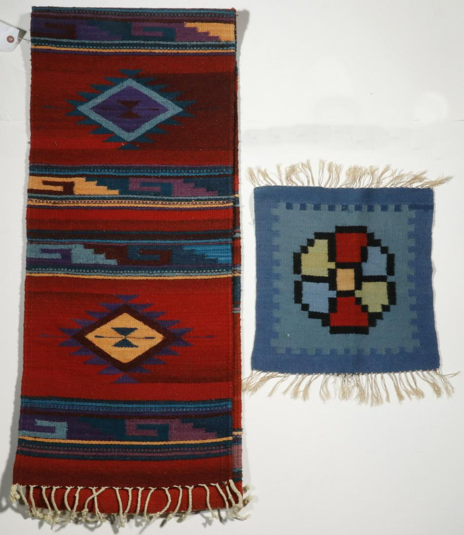 (2) 20TH C. NATIVE AMERICAN TABLE RUNNERS: Including: 16" x 74" with red field, particolor patterns, very good, clean condition; PLUS 14" square blue, worn, soiled.