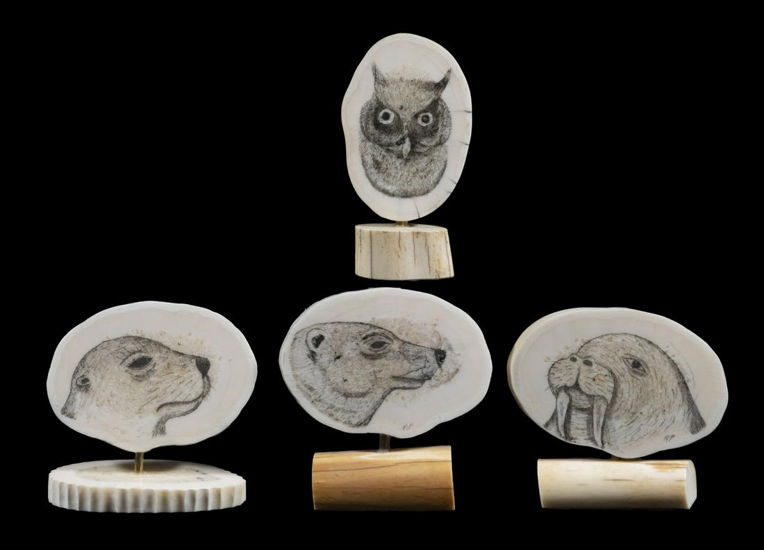 (4) INUIT SCRIMSHAWN PLAQUES OF WILDLIFE BY ROGER SILOOK (1923-2004) (1 of 2)