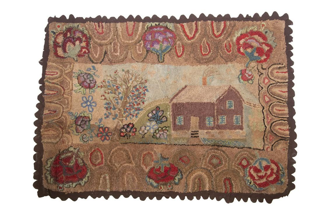 FOLK ART HOOKED RUG WITH COTTAGE & GARDEN (1 of 2)