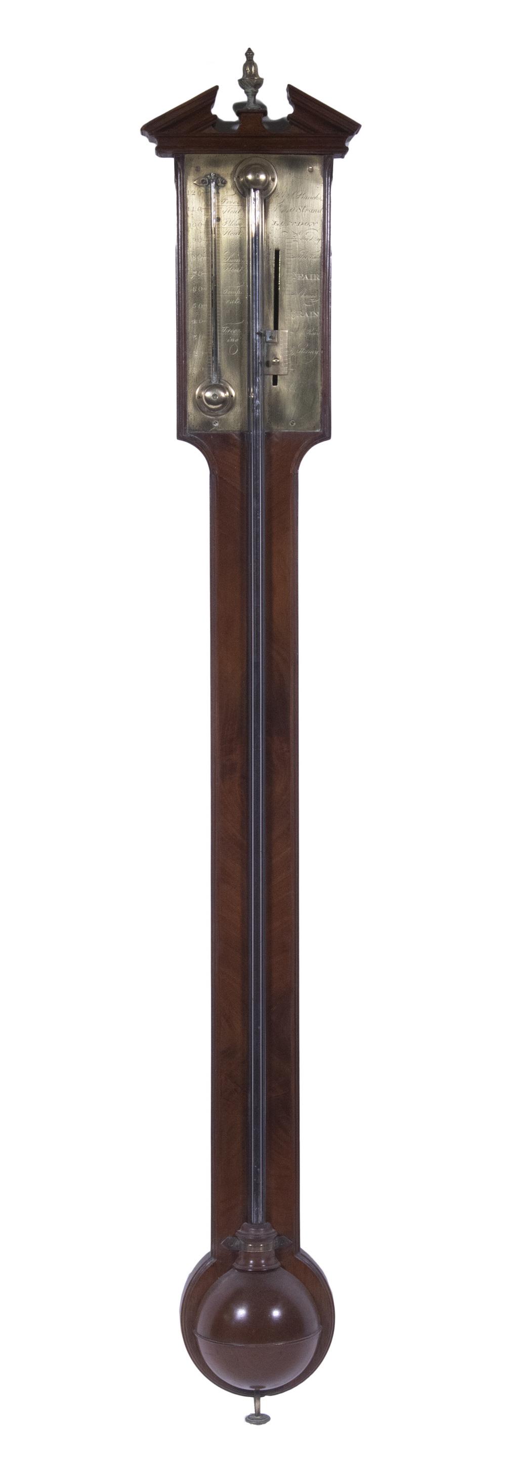 ROBERT BANCKS, LONDON STICK BAROMETER: Early 19th c. English Mahogany Barometer, by Robert Bancks, 440 Strand, London (operated at this address from 1795-1804). Banks was instrument maker and optician to the Prince of Wales (later George I