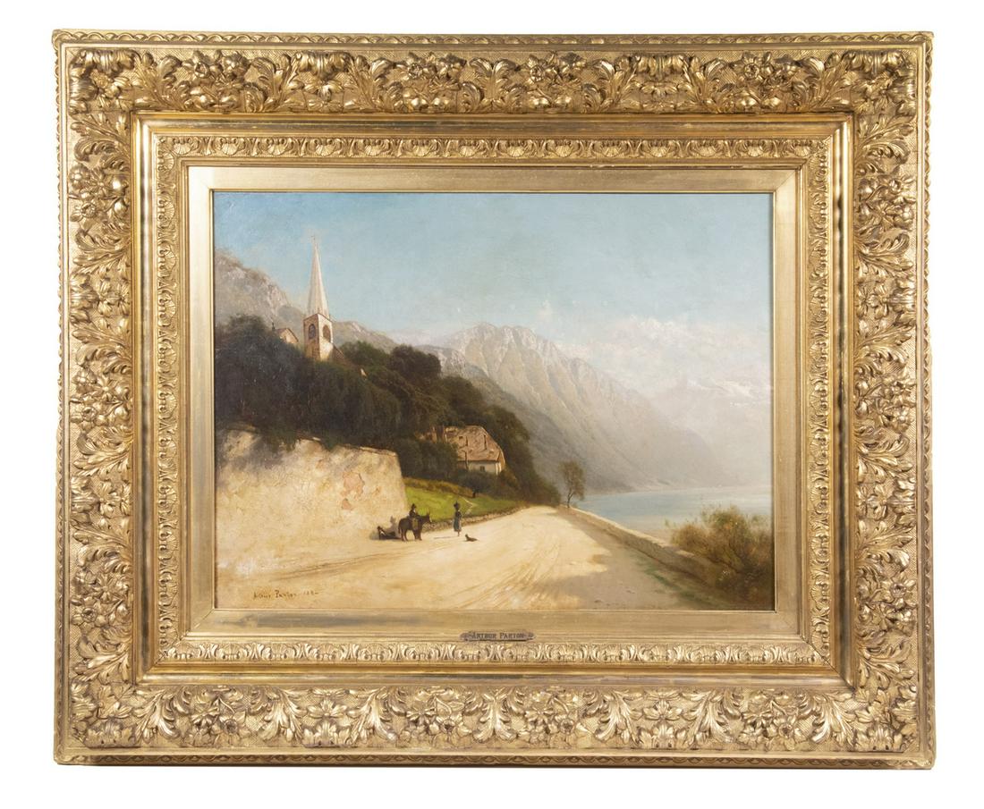 ARTHUR PARTON (NY/PA/UK, 1842-1914): Lake Como Road with Church and Chateau, figures with burro and dog; oil on canvas, signed lower left and dated 1882, in the original monumental gilt gesso frame, OS: 30 1/2" x 36 1/2", SS: 17 1/2" x 2