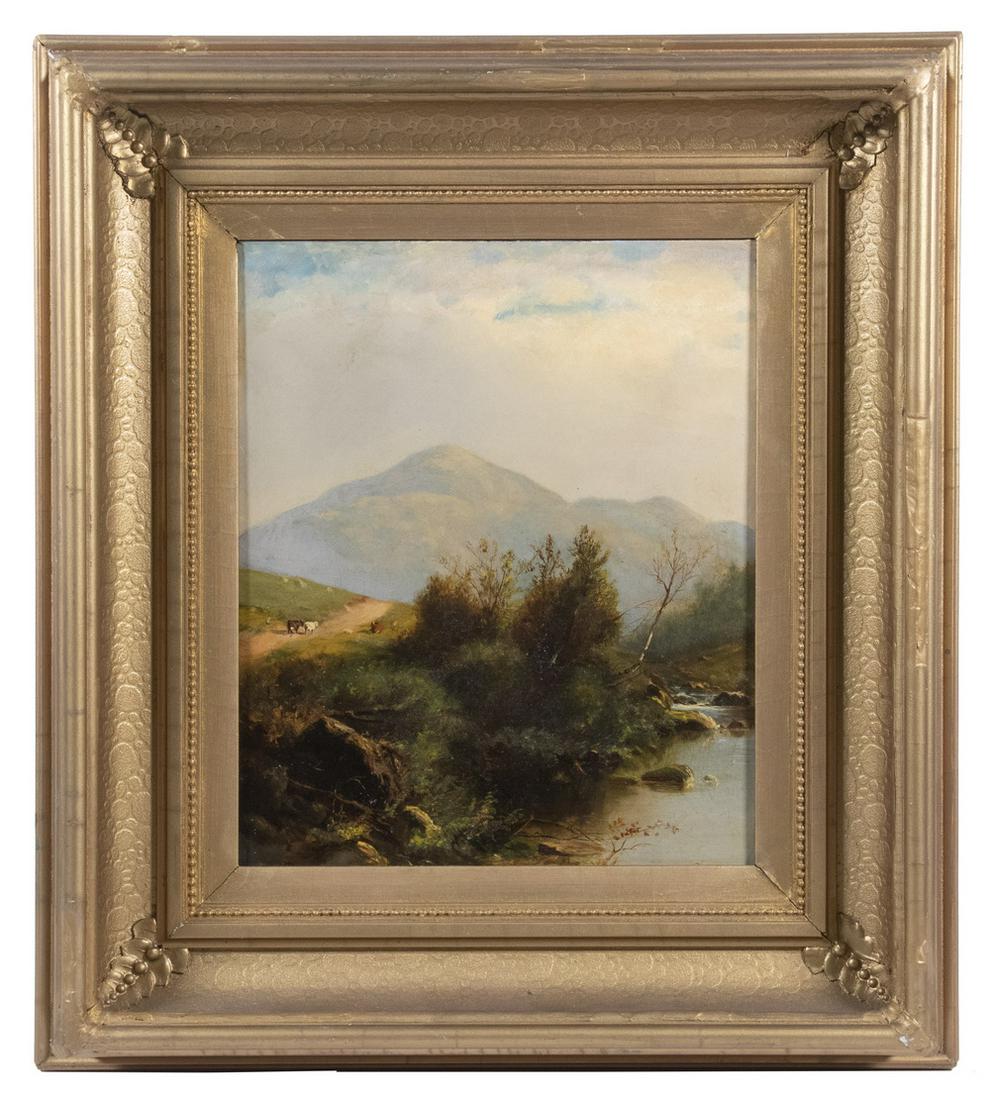 WILLIAM HART (NY/UK, 1823-1894): Upstate New York Mountains, oil on canvas, unsigned, stencil on back of canvas reads "P. Deschaux & Co. Artist's Colourman, New York" (Paul Deschaux was in business 1869-1874). in gold painted deep co