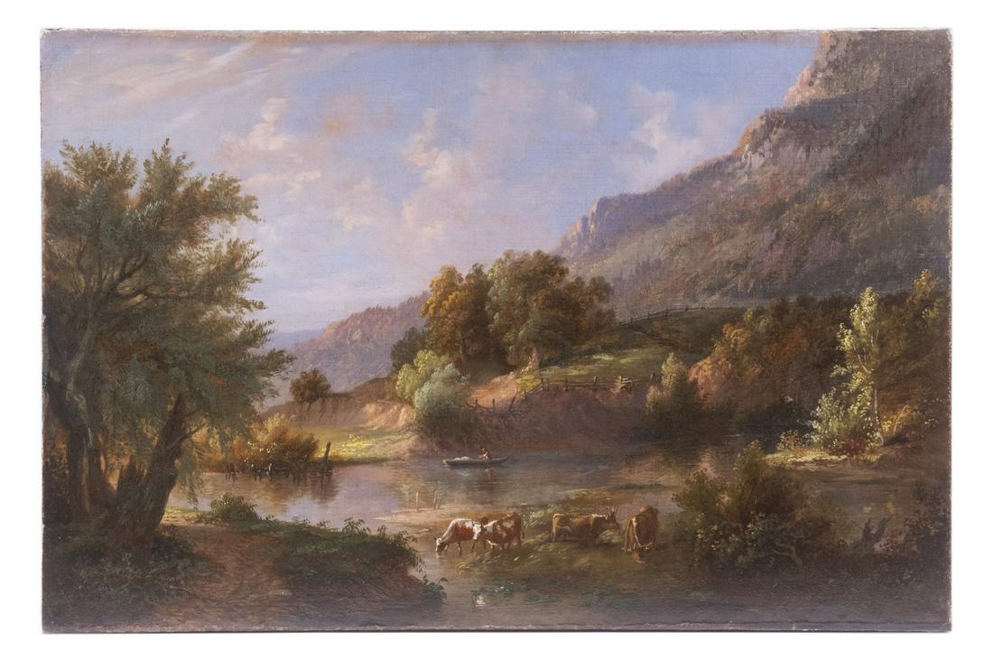 ROBERT SCOTT DUNCANSON OH/MI/OK, 1821-1872): "Boatman Delivering Goods on the South Fork Shenandoah River, Virginia", c1850s, oil on canvas, unsigned, depicting cattle at a fork in the river, single boatman hauling material downstream, mountain